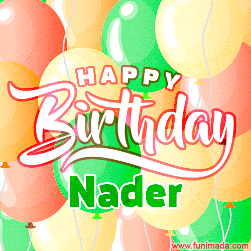 Happy Birthday Image for Nader. Colorful Birthday Balloons GIF Animation.