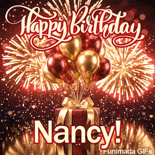 Shimmering animated card featuring spectacular golden fireworks and the name Nancy for her birthday celebration.