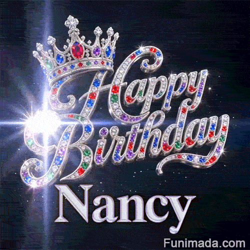 A brilliant white lens flare bursting from a diamond-encrusted Happy Birthday message with Nancy's name at the bottom.