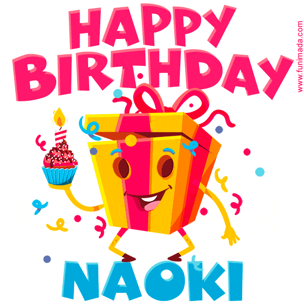 A vibrant and funny gift box character with a happy face dancing with a cupcake and the text 'Happy Birthday Naoki,' surrounded by animated confetti and party vibes.