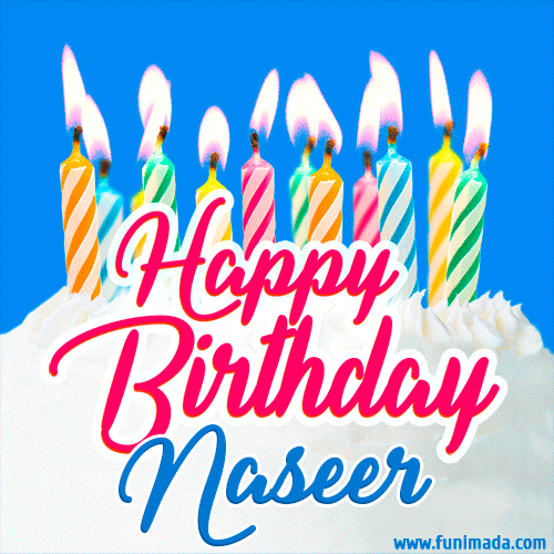 Happy Birthday GIF for Naseer with Birthday Cake and Lit Candles