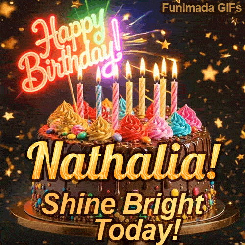 An animated birthday card featuring a detailed chocolate cake under falling gold dust, personalized for Nathalia.