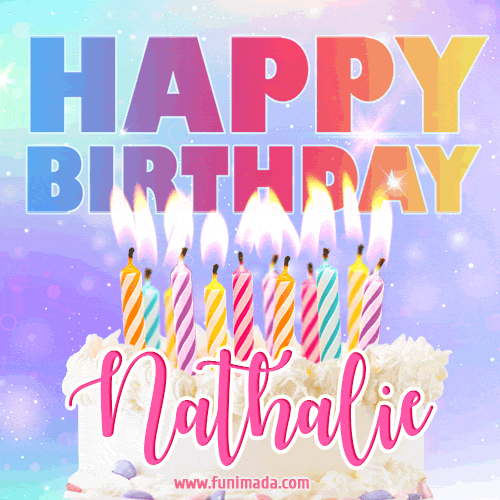 Animated Happy Birthday Cake with Name Nathalie and Burning Candles