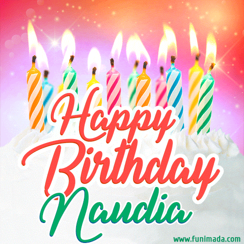 Bright birthday candles with rainbow flames on a cake, alongside the text 'Happy Birthday Naudia' in vibrant script in this celebratory animated GIF.