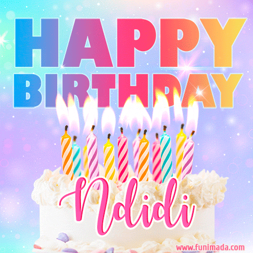 A vibrant animated name GIF with the words 'Happy Birthday Ndidi' with colorful candles on a creamy cake. The background sparkles with pastel shades, adding a festive touch.