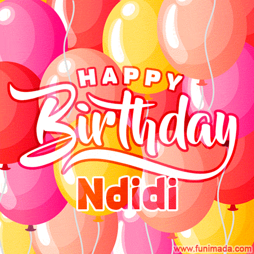 A vibrant name GIF featuring colorful balloons in shades of pink, orange, and yellow with the bold text 'Happy Birthday Ndidi' in festive fonts, creating a lively birthday vibe.