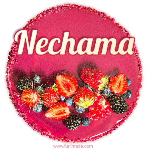Beautifully decorated red velvet berry birthday cake with vibrant fruits and a glowing 'Nechama' name, adding a touch of sweetness and sparkle.