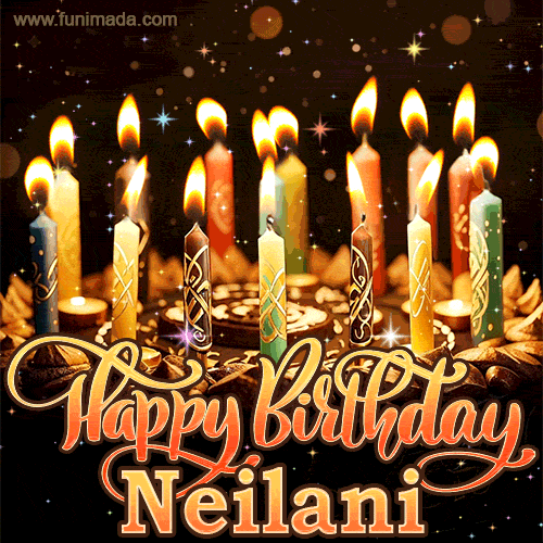 A glowing personalized birthday GIF with name Neilani featuring lit candles with intricate designs, warm lighting, and the text 'Happy Birthday' in an elegant font.