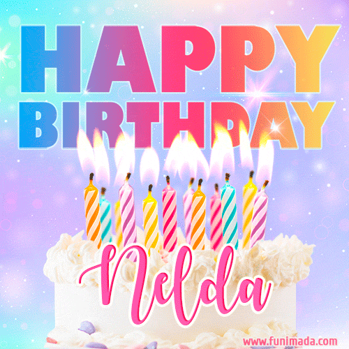 A vibrant animated name GIF with the words 'Happy Birthday Nelda' with colorful candles on a creamy cake. The background sparkles with pastel shades, adding a festive touch.