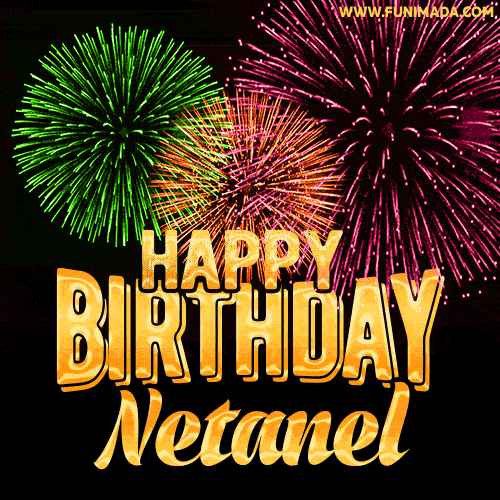 Wishing You A Happy Birthday, Netanel! Best fireworks GIF animated greeting card.
