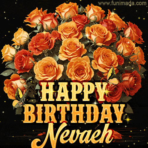 Beautiful bouquet of orange and red roses for Nevaeh, golden inscription and twinkling stars