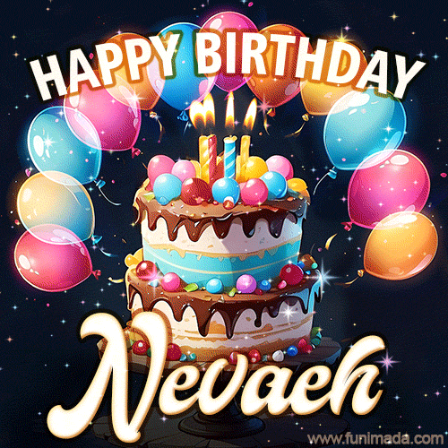 Hand-drawn happy birthday cake adorned with an arch of colorful balloons - name GIF for Nevaeh