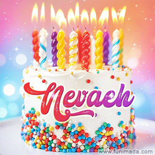 Personalized for Nevaeh elegant birthday cake adorned with rainbow sprinkles, colorful candles and glitter