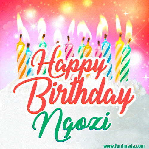 Bright birthday candles with rainbow flames on a cake, alongside the text 'Happy Birthday Ngozi' in vibrant script in this celebratory animated GIF.