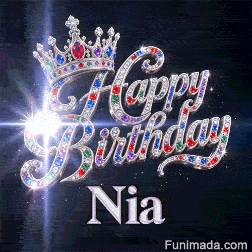A customized birthday GIF for Nia displaying a majestic silver crown and glowing star particles.
