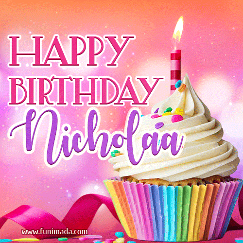 A vibrant birthday GIF featuring a rainbow-colored cupcake topped with white frosting, sprinkles, and a lit candle. The text reads 'Happy Birthday Nicholaa' in bold pink and violet letters with white outline.