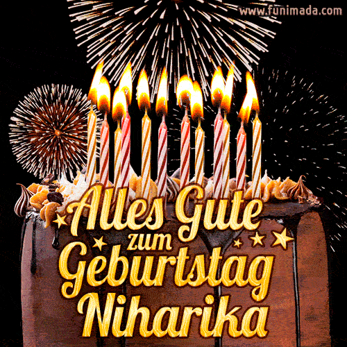 A chocolate birthday cake with glowing candles, the German text 'Alles Gute zum Geburtstag Niharika,' and vibrant fireworks lighting up the background in an animated GIF.