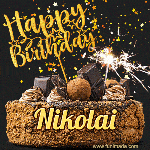 Celebrate Nikolai's birthday with a GIF featuring chocolate cake, a lit sparkler, and golden stars