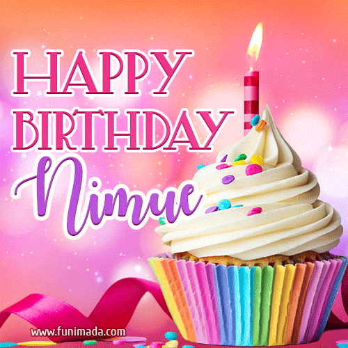 A vibrant birthday GIF featuring a rainbow-colored cupcake topped with white frosting, sprinkles, and a lit candle. The text reads 'Happy Birthday Nimue' in bold pink and violet letters with white outline.