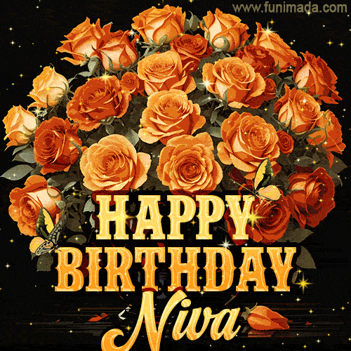 Animated bouquet of orange roses with moving butterfles and golden 'Happy Birthday Niva' text, surrounded by sparkling accents and a dark backdrop for a luxurious feel.
