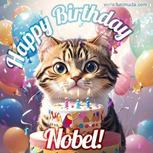 Happy birthday gif for Nobel with cat and cake