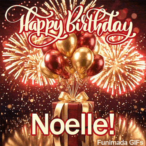 Metallic gold and red party balloons tied to a luxury gift package under a sky filled with bright firework bursts, made for Noelle.
