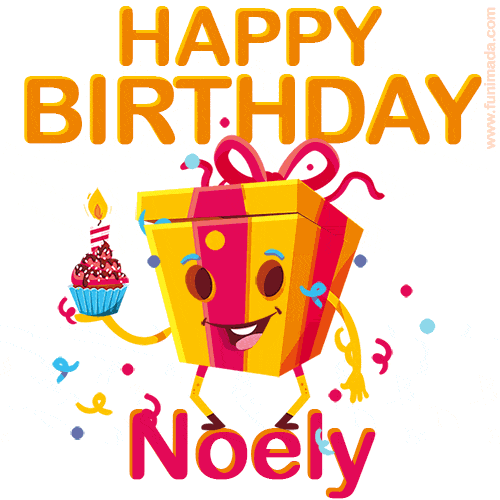 A vibrant and funny gift box character with a happy face dancing with a cupcake and the text 'Happy Birthday Noely,' surrounded by animated confetti and party vibes.