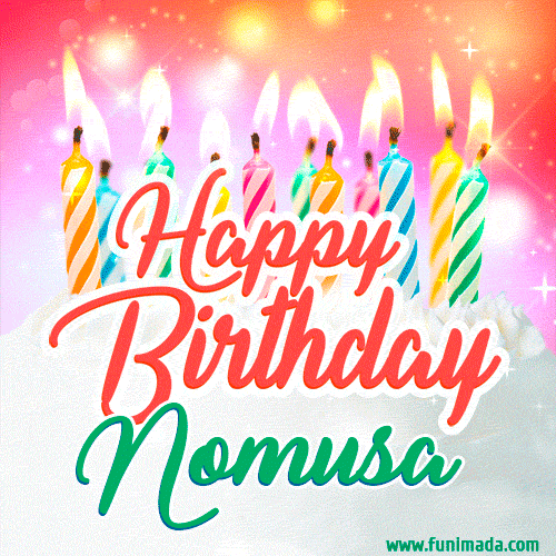 Bright birthday candles with rainbow flames on a cake, alongside the text 'Happy Birthday Nomusa' in vibrant script in this celebratory animated GIF.