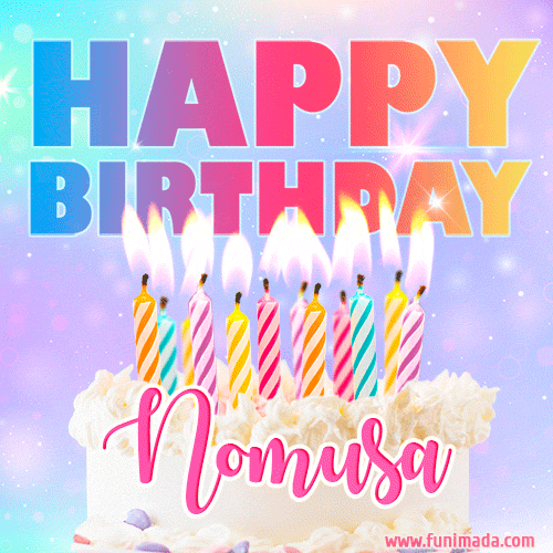 A vibrant animated name GIF with the words 'Happy Birthday Nomusa' with colorful candles on a creamy cake. The background sparkles with pastel shades, adding a festive touch.