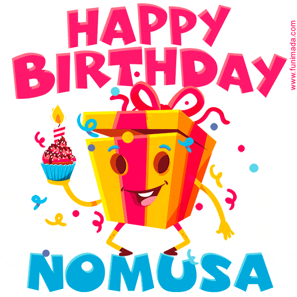 A vibrant and funny gift box character with a happy face dancing with a cupcake and the text 'Happy Birthday Nomusa,' surrounded by animated confetti and party vibes.