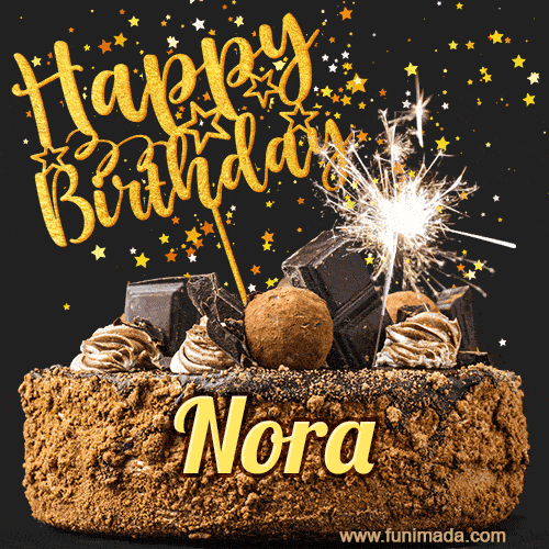 Celebrate Nora's birthday with a GIF featuring chocolate cake, a lit sparkler, and golden stars