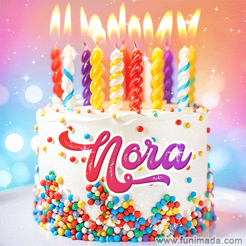 Personalized for Nora elegant birthday cake adorned with rainbow sprinkles, colorful candles and glitter