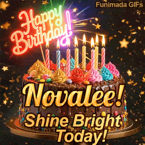 Happy Birthday Novalee animated GIF displaying a chocolate drip cake decorated with multicolored frosting and lit candles.