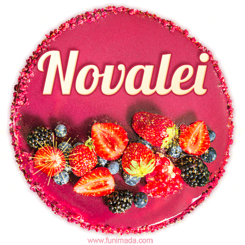 Beautifully decorated red velvet berry birthday cake with vibrant fruits and a glowing 'Novalei' name, adding a touch of sweetness and sparkle.