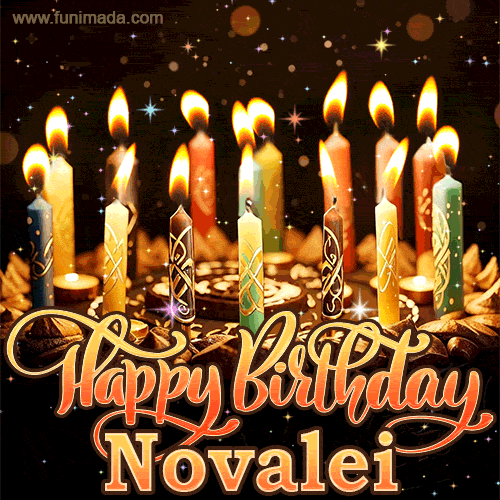 A glowing personalized birthday GIF with name Novalei featuring lit candles with intricate designs, warm lighting, and the text 'Happy Birthday' in an elegant font.