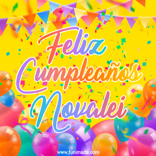 A bright and festive GIF with the text 'Feliz Cumpleaños Novalei' in Spanish in colorful fonts, surrounded by confetti, balloons, and festive banners on a vibrant yellow background.