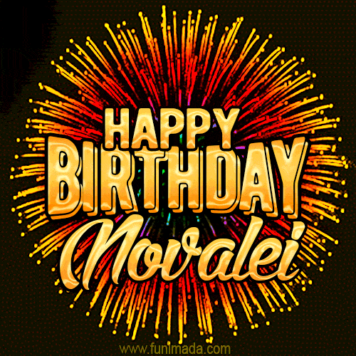 Golden 'Happy Birthday Novalei' text accompanied by animated rainbow fireworks for a festive animated greeting.