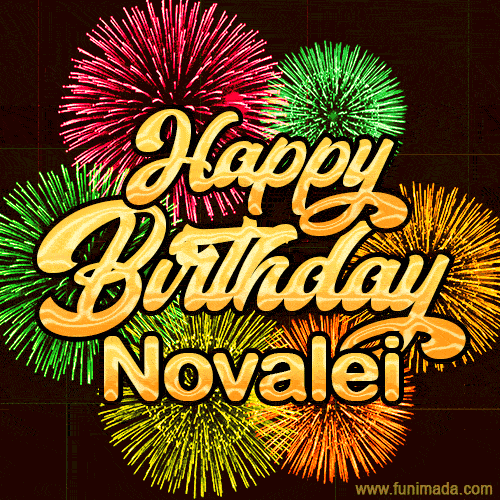 Golden text reading 'Happy Birthday Novalei' surrounded by vibrant fireworks in red, green, and yellow, set against a dark background in this celebratory birthday GIF.