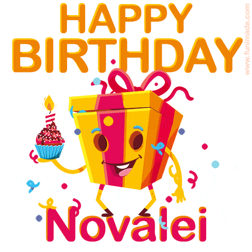 A vibrant and funny gift box character with a happy face dancing with a cupcake and the text 'Happy Birthday Novalei,' surrounded by animated confetti and party vibes.
