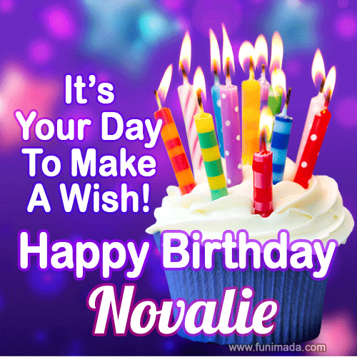 A colorful birthday GIF for Novalie featuring a cupcake with vibrant lit candles and the text 'It's Your Day to Make a Wish! Happy Birthday Novalie' in bold letters on a festive purple background.