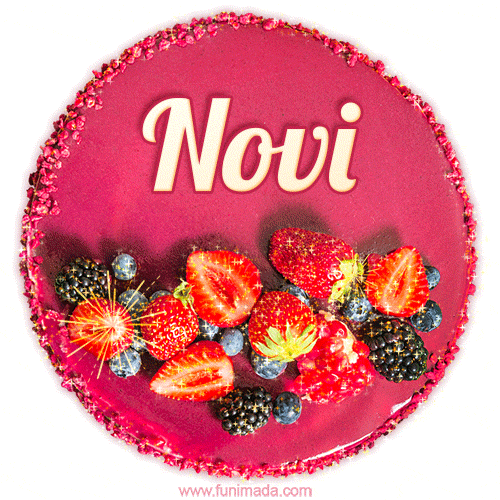 Beautifully decorated red velvet berry birthday cake with vibrant fruits and a glowing 'Novi' name, adding a touch of sweetness and sparkle.