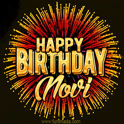 Golden 'Happy Birthday Novi' text accompanied by animated rainbow fireworks for a festive animated greeting.