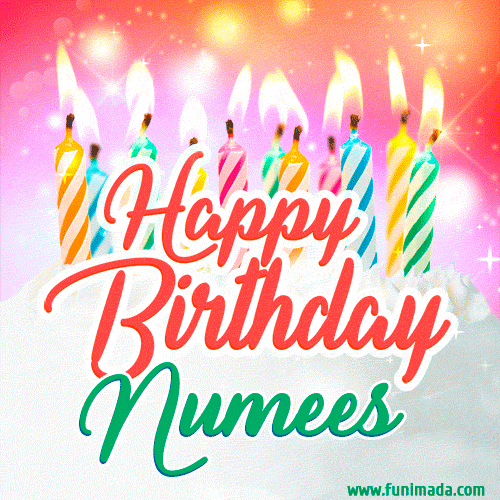 Bright birthday candles with rainbow flames on a cake, alongside the text 'Happy Birthday Numees' in vibrant script in this celebratory animated GIF.