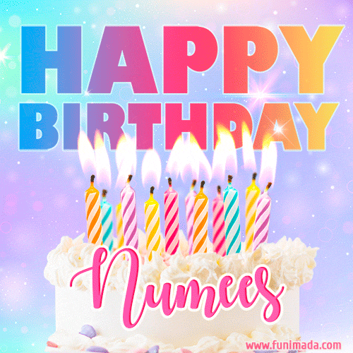 A vibrant animated name GIF with the words 'Happy Birthday Numees' with colorful candles on a creamy cake. The background sparkles with pastel shades, adding a festive touch.