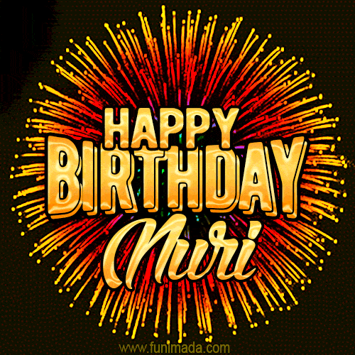 Golden 'Happy Birthday Nuri' text accompanied by animated rainbow fireworks for a festive animated greeting.