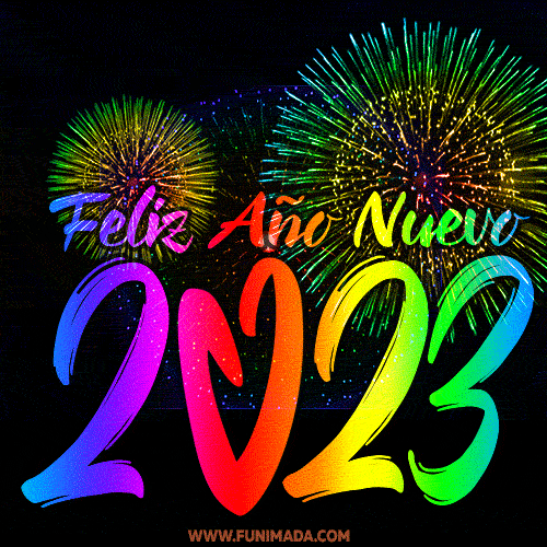 Feliz Año Nuevo 2023! Imagen animada de fuegos artificiales arcoiris.