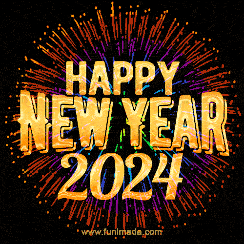 Bursting with Colors Happy New Year 2024 GIF Image. Rainbow fireworks and golden text.