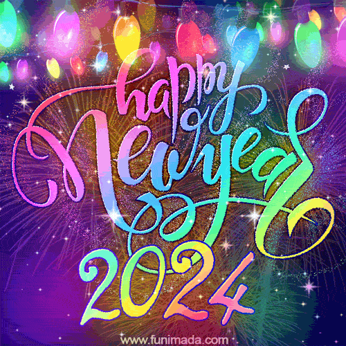 Colorful Lights and Rainbow Glow Lettering Happy New Year GIF 2024