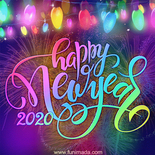 Colorful Lamps and Rainbow Glow Lettering Happy New Year Card GIF 2020
