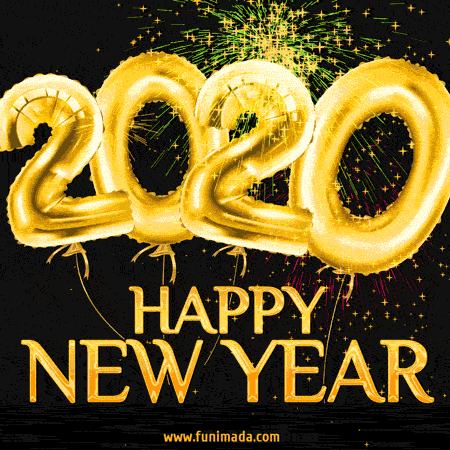 Elegant 2020 New Year Card (GIF) - Golden balloons 2020 and amazing fireworks